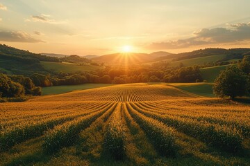 Fototapeta premium golden hour bathes rolling hills in warm light casting long shadows across sundrenched fields aerial view reveals patchwork of crops creating serene pastoral landscape rich saturated colors