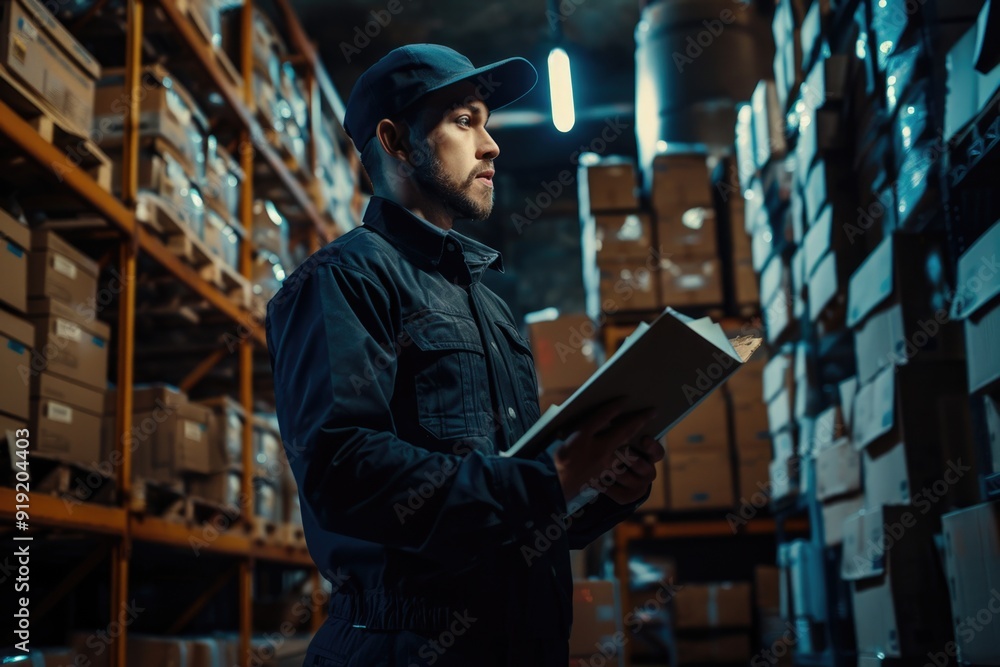 Poster a person sitting on a pallet or shelf in a warehouse environment, reading a book