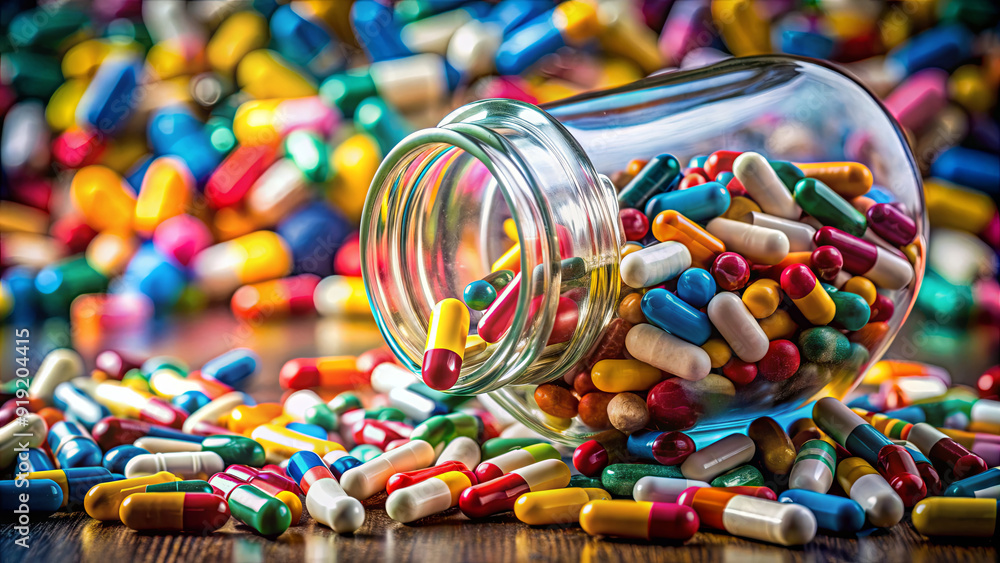 Poster capsules of various colors and sizes cascade from a glass jar, creating a striking visual on a woode