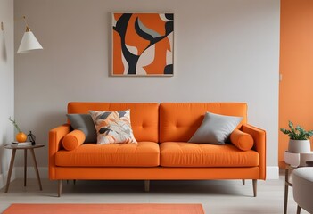 An orange sofa with white and gray throw pillows in a room with an orange accent wall and framed artwork