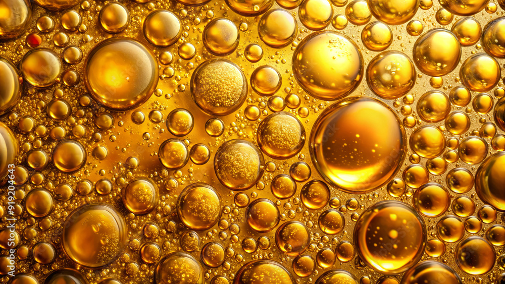 Poster golden droplets float in a viscous substance, creating a mesmerizing pattern and texture against a b
