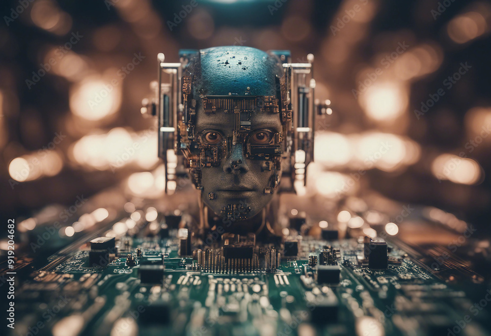 Poster technical electronic circuit computer board with chip and artificial intelligence head face