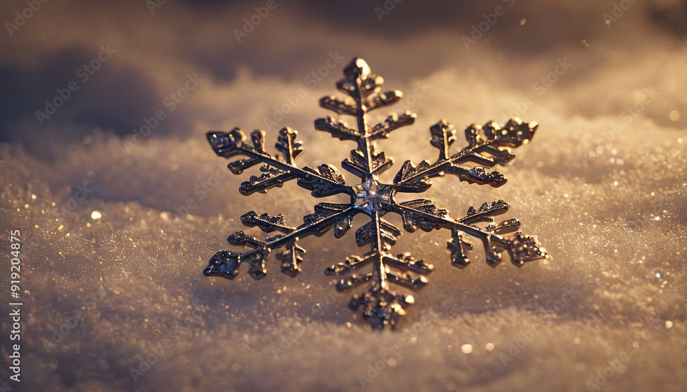 Poster a delicate snowflake sparkles as it rests on soft snow, illuminated by gentle evening light, creatin