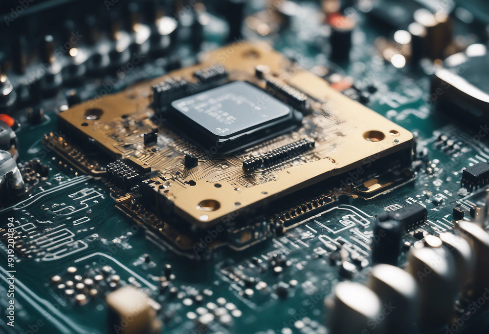 Poster technical electronic circuit computer board with chip and artificial intelligence head face