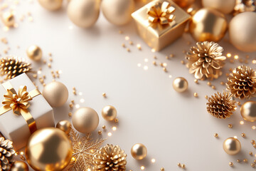 Beautiful and Elegant Golden Christmas Decor featuring a stunning Gift Box adorned with exquisite Ornaments shimmering all around