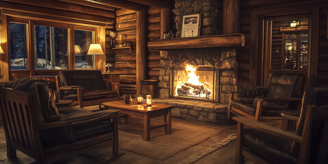 A warm and inviting cabin interior featuring rustic wooden furniture and a glowing fireplace. Concept Cabin Decor, Rustic Furniture, Cozy Atmosphere, Fireplace, Interior Design
