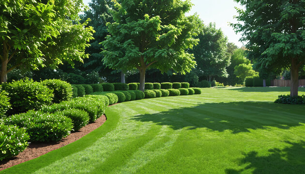 Jardin Paysager avec Arbustes et Pelouse Manucur&eacute;e
