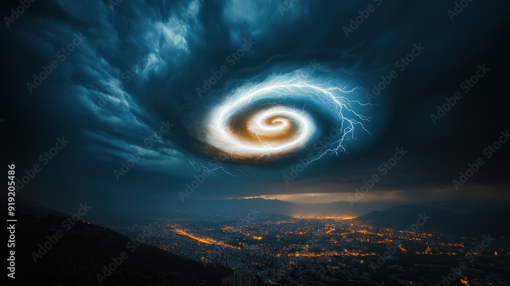 Poster lightning creating an energy cycle-representing spiral in the sky