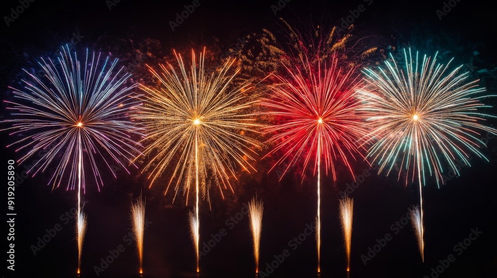 Fototapete multicolored fireworks explode with dazzling lights and patterns