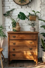 Fototapeta premium A wooden chest of drawers with plants and flowers on top