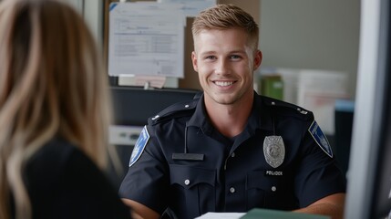 A smiling police officer in uniform sitting at a desk, engaging professionally with a client, showcasing a moment of friendly and approachable service within his department.