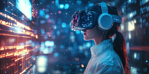 A scene of a person immersed in a futuristic virtual reality experience, with detailed graphics and interactive elements creating a high-tech adventure. Concept Virtual Reality, Immersive Graphics