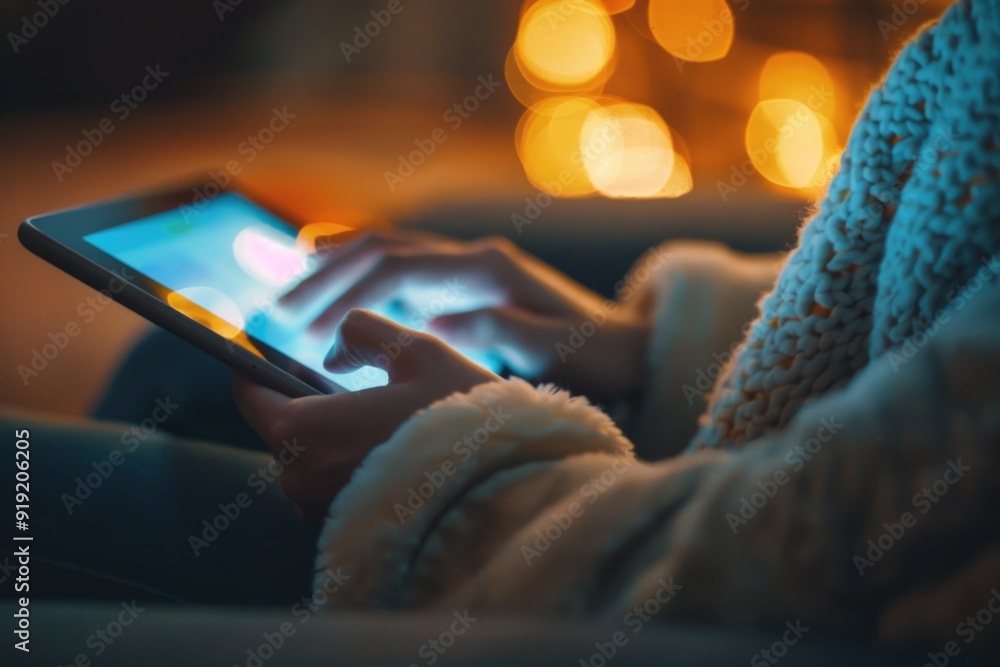Poster a person sits on a couch, engaged with their tablet computer