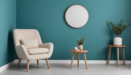A modern living room with a teal green wall, a round white mirror, a wooden side table with a vase of flowers, and a beige upholstered chair and ottoman