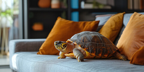 A quirky image of a turtle lounging on a couch in a chic, modern apartment, combining playful pet behavior with contemporary interior design