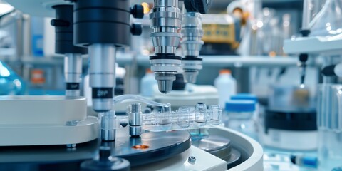 A lab with a machine that is making something. The lab is full of equipment and bottles. Scene is scientific and focused