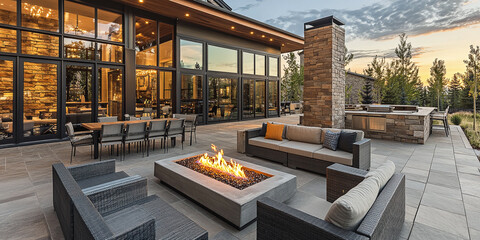 A large outdoor patio featuring stylish furniture and a cozy fire pit, perfect for entertaining and relaxation.