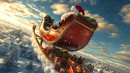 Obraz premium Santa Claus on a red sleigh in winter, surrounded by snow and nature.