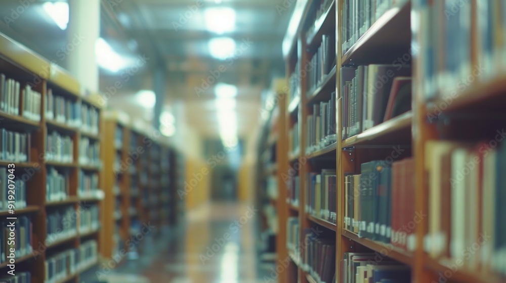 Poster a long row of books on shelves in a library