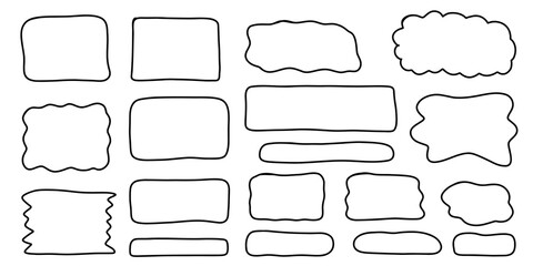 Obraz premium Hand drawn Rectangle frame set. Doodle wavy curve deformed textured frames. Border sketch. Vector illustration isolated on a white background.