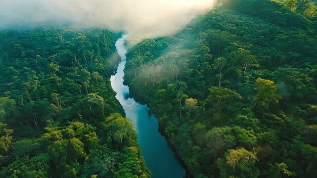 Aerial view of a lush rainforest with a winding river at dawn