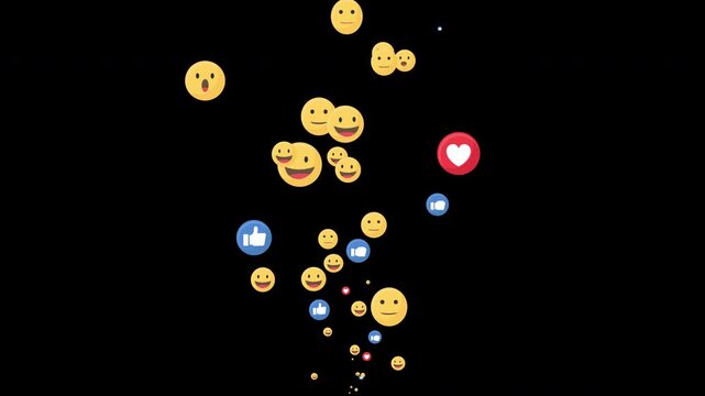 Floating animation of a smiley emoji icon for social media, isolated on a black background.
