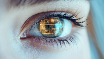 Woman eye showing futuristic digital code displaying artificial intelligence