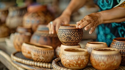 Fototapeta premium E-commerce site promoting global artisan products, close-up of handcrafted items and cultural backgrounds