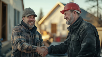 Fototapeta premium Cheerful man shaking hands with construction worker, happy client engaging with builder, positive construction site interaction, joyful handshake in building project
