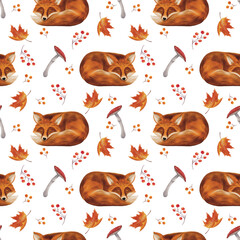 Autumn seamless pattern with sleeping fox, transparent background