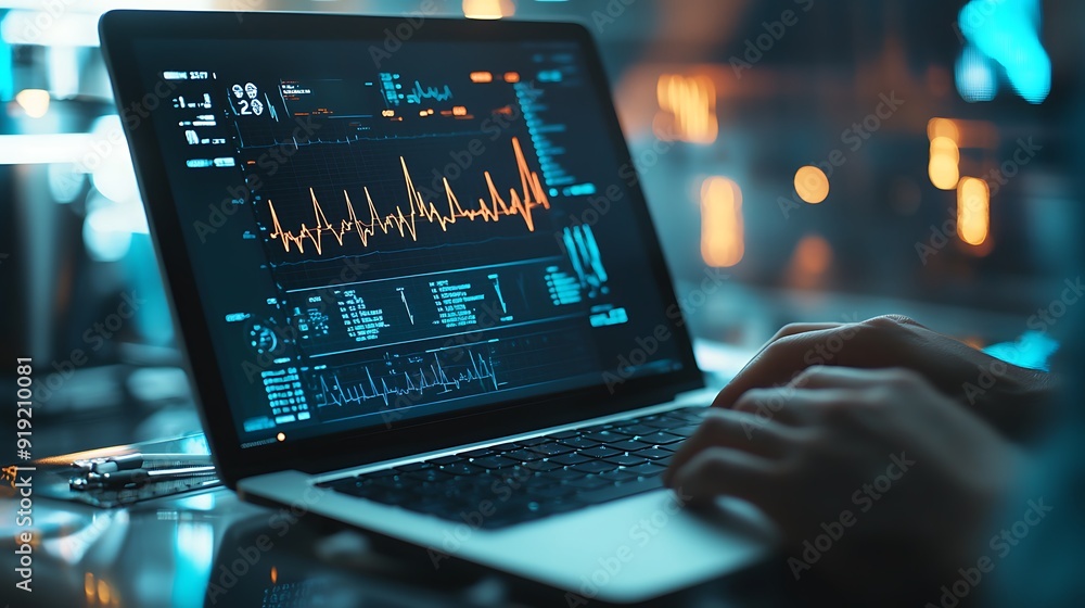 Poster a laptop screen showing data graphs