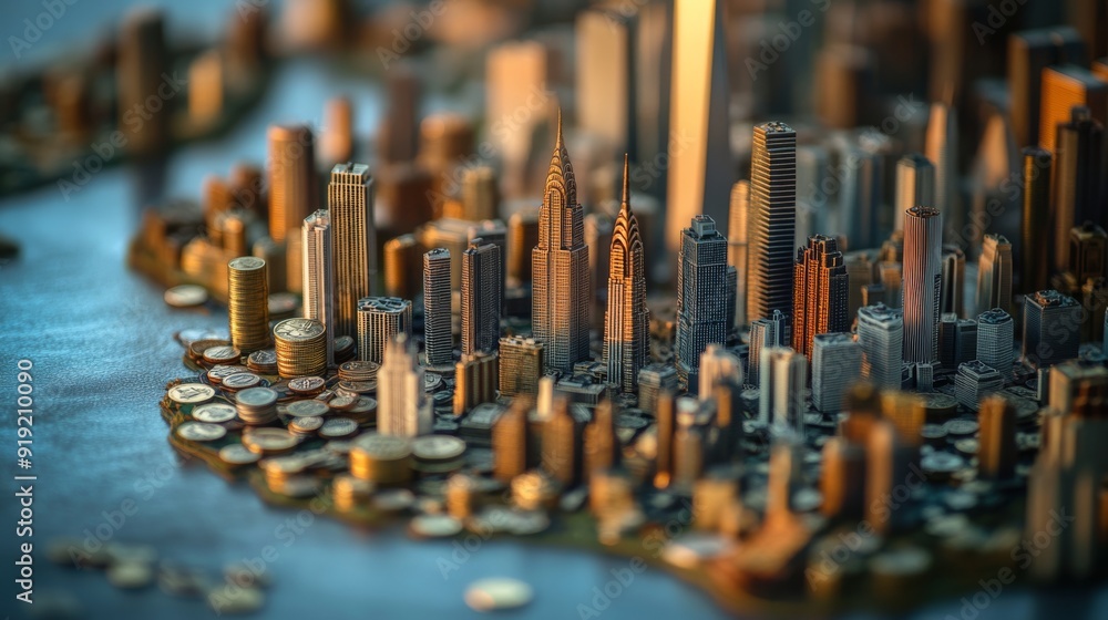 Poster integration of a city view and a series of coins, showcasing the relationship between metropolitan e