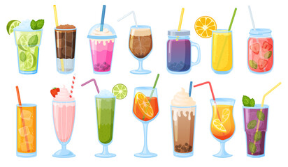Summer tasty drinks. Non alcoholic refreshing beverages. Cold lemonades. Fresh juices. Smoothies or milkshakes with ice cubes. Mint mojito. Soda glasses with straws. Recent vector set
