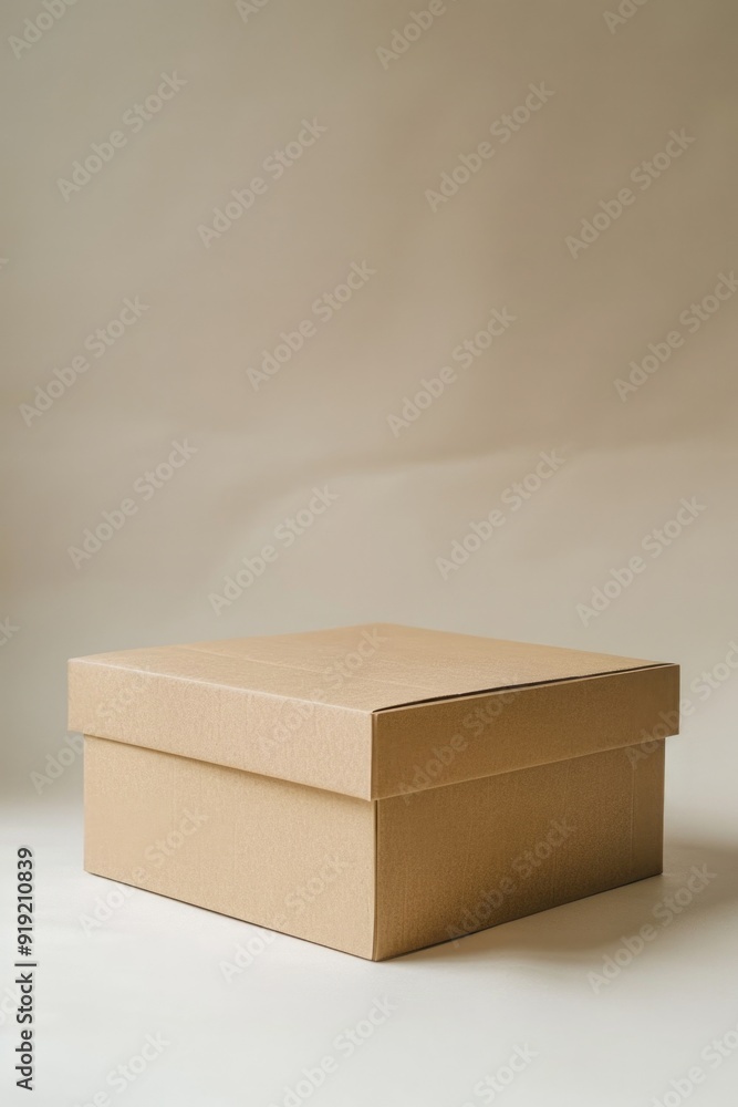 Poster a simple brown box placed on a clean and minimalist white table