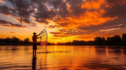 Silhouette of a fisherman on a lake.