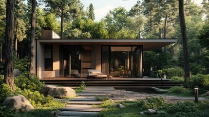 Fototapeta premium Modern minimalist cabin with large windows nestled in a serene forest, featuring a sleek design that blends outdoor and indoor living spaces.