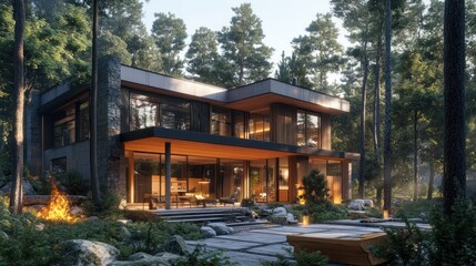 Fototapeta premium Modern two-story house with large glass windows, nestled in a forest, featuring a warm interior glow, expansive deck, and an outdoor fire pit.