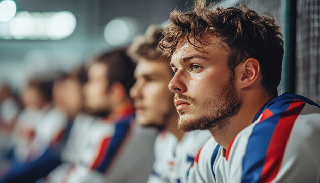 American football team waiting on bench in locker room