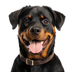 Obraz premium Cheerful rottweiler with a friendly expression, showcasing its shiny coat and warm personality. Ideal for pet lovers and animal enthusiasts.