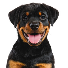 Fototapeta premium Adorable Rottweiler puppy with a playful expression and a shiny coat, perfect for pet-themed projects and marketing.