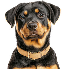 Obraz premium Adorable Rottweiler dog portrait with a warm expression and a stylish collar, perfect for pet lovers and animal photography.