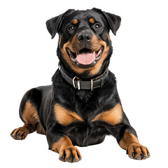A happy and friendly Rottweiler dog lying down, showcasing its shiny black and tan fur and joyful expression.