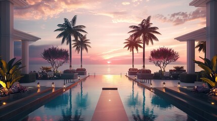 Fantastic poolside, sunset sky, palm trees reflection. Luxury tropical beach landscape, infinity swimming pool, deck chairs and loungers under umbrellas amazing scenic. AI generated illustration