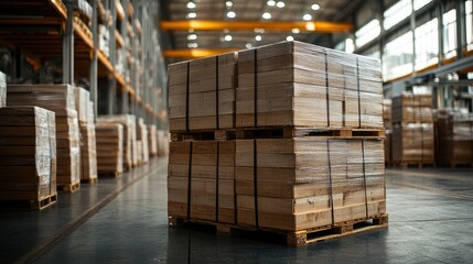 Warehouse Interior with Pallets of Cardboard Boxes