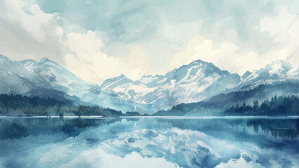 Fototapeta premium Lake with Snowcapped Mountains Watercolour Illustration Scenic Mountain Lake Snow-Covered Peaks Reflective Water Serene Landscape Alpine View Winter Wonderland Nature Beauty