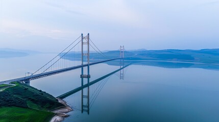 Obraz premium Suspension Bridge Over Calm Waters at Dawn