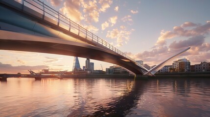 Naklejka premium Panoramic view of futuristic geometric shapes design empty floor with city skyline . Sunset scene. AI generated illustration