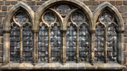 Obraz premium Gothic church windows with intricate designs in an ancient stone building during daylight
