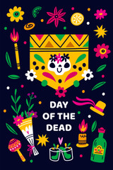 Mexican holiday. Death party poster. Day of dead. Mexico traditional festival. Muertos carnival. Sugar skulls. Fruits and flowers. Hispanic celebration. Vector cartoon greeting card