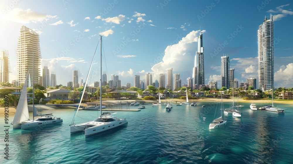 Wall mural boats and yachts at harbor in Panama City with skyline background. AI generated illustration